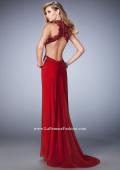 Picture of: Racer Beck Net Prom Dress with Lace Detail and Train in Red, Style: 22291, Back Picture