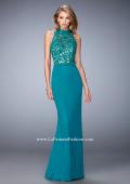 Picture of: Racer Beck Net Prom Dress with Lace Detail and Train in Green, Style: 22291, Detail Picture 1