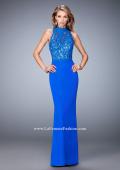 Picture of: Racer Beck Net Prom Dress with Lace Detail and Train in Blue, Style: 22291, Detail Picture 2