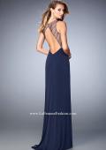 Picture of: Glam V Neckline Prom Dress with Sheer Detail and Beads in Blue, Style: 22296, Back Picture