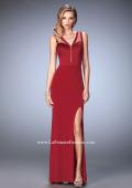 Picture of: V Neckline Jersey Gown with Satin Bodice and Sheer Back in Red, Style: 22301, Main Picture
