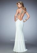 Picture of: Long Open Back Jersey Prom Dress with Gold Stud Detail in White, Style: 22307, Back Picture