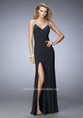 Picture of: V Neckline Prom Dress with Gold Stud Detail and Slit in Black, Style: 22312, Detail Picture 1