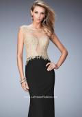 Picture of: Illusion Neckline Prom Dress with Gold Lace Detail in Black, Style: 22349, Main Picture