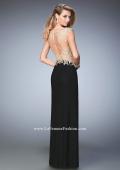 Picture of: Illusion Neckline Prom Dress with Gold Lace Detail in Black, Style: 22349, Back Picture