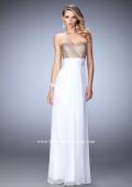 Picture of: Open Back Chiffon Prom Dress with Gold Stud Pattern in White, Style: 22359, Detail Picture 1