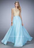 Picture of: Gold Lace Embellished High Neckline Prom Dress in Blue, Style: 22372, Detail Picture 1