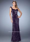 Picture of: Long Sequin Evening Gown with Square Neck and Belt in Purple, Style: 22445, Main Picture