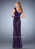 Picture of: Long Sequin Evening Gown with Square Neck and Belt in Purple, Style: 22445, Back Picture