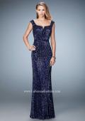 Picture of: Long Sequin Evening Gown with Square Neck and Belt in Blue, Style: 22445, Detail Picture 1