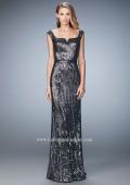 Picture of: Long Sequin Evening Gown with Square Neck and Belt in Silver, Style: 22445, Detail Picture 2