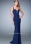 Picture of: Net Gown with Plunging Neckline and Ruched Skirt in Blue, Style: 22475, Detail Picture 1