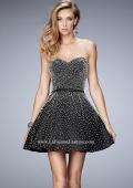 Picture of: Short Stretch Satin Gown with Pearls and a Bow in Black, Style: 22485, Main Picture
