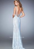 Picture of: Stretch Lace Prom Dress with Sheer Cap Sleeves and Back in Blue, Style: 22493, Back Picture