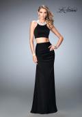 Picture of: Two Piece Jersey Prom Dress with Ruched Skirt and Pearls in Black, Style: 22498, Detail Picture 1