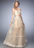 Picture of: Tulle Prom Gown with Gold Beaded and Lace Applique in Nude, Style: 22602, Main Picture