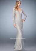 Picture of: Long Sleeve Lace Prom Gown with Plunging Neckline in Silver, Style: 22607, Detail Picture 1