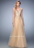 Picture of: Long Embellished Tulle Gown with Plunging Neckline in Nude, Style: 22613, Main Picture