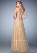 Picture of: Long Embellished Tulle Gown with Plunging Neckline in Nude, Style: 22613, Back Picture