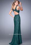 Picture of: Stoned Lace Prom Gown with Criss Cross Neck in Green, Style: 22614, Back Picture