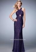 Picture of: Stoned Lace Prom Gown with Criss Cross Neck in Purple, Style: 22614, Detail Picture 1