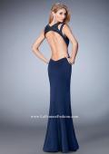 Picture of: Long Jersey Prom Gown with Rhinestone Straps in Blue, Style: 22675, Back Picture