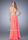 Picture of: Long Chiffon Prom Dress with Gold Lace Applique in Orange, Style: 22707, Detail Picture 1
