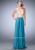 Picture of: Long Chiffon Prom Dress with Gold Lace Applique in Blue, Style: 22707, Detail Picture 2