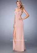 Picture of: Long Jersey Prom Gown with Side Leg Slit and Stones in Pink, Style: 22713, Main Picture