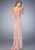 Picture of: Long Jersey Prom Gown with Side Leg Slit and Stones in Pink, Style: 22713, Back Picture