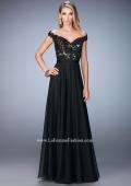 Picture of: Long Off the Shoulder Gown with 3-D Floral Lace in Black, Style: 22737, Detail Picture 1