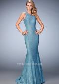 Picture of: Open Back Lace Prom Gown with Train and Rhinestones in Blue, Style: 22811, Main Picture