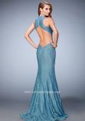 Picture of: Open Back Lace Prom Gown with Train and Rhinestones in Blue, Style: 22811, Back Picture