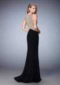 Picture of: Jersey Prom Gown with Train and Sheer Neckline in Black, Style: 22886, Back Picture