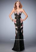 Picture of: Long Lace Prom Gown with Floral Applique and Train in Black, Style: 22914, Main Picture