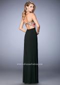 Picture of: Long Jersey Open Back Dress with Floral Lace Applique in Black, Style: 22959, Back Picture