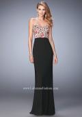 Picture of: Long Jersey Open Back Dress with Floral Lace Applique in Black, Style: 22959, Detail Picture 1