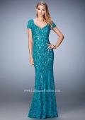Picture of: Long Lace Evening Gown with Short Sleeves in Blue, Style: 22998, Main Picture