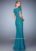Picture of: Long Lace Evening Gown with Short Sleeves in Blue, Style: 22998, Back Picture