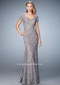Picture of: Long Lace Evening Gown with Short Sleeves in Silver, Style: 22998, Detail Picture 1