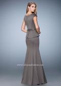 Picture of: Satin Peplum Evening Dress with Boat Neckline in Silver, Style: 23020, Back Picture
