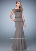 Picture of: Satin Peplum Evening Dress with Boat Neckline in Silver, Style: 23020, Detail Picture 1