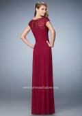 Picture of: Embroidered Lace Evening Gown with Pleated Bodice in Red, Style: 23077, Back Picture