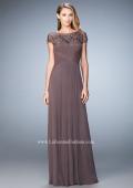 Picture of: Embroidered Lace Evening Gown with Pleated Bodice in Brown, Style: 23077, Detail Picture 1