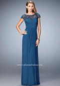 Picture of: Embroidered Lace Evening Gown with Pleated Bodice in Blue, Style: 23077, Detail Picture 2
