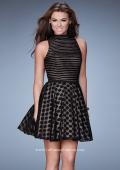 Picture of: Polka Dot Homecoming Dress with Striped Bodice in Black, Style: 23383, Main Picture