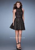 Picture of: Polka Dot Homecoming Dress with Striped Bodice in Black, Style: 23383, Detail Picture 1