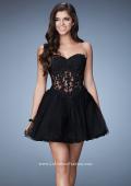 Picture of: Embroidered Short Dress with a Sheer Illusion Bodice in Black, Style: 23523, Main Picture