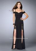 Picture of: Double Slit Off the Shoulder Dress with Lace Inlays in Black, Style: 23607, Main Picture