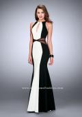 Picture of: Long Prom Dress with Sheer Side Cut Outs and Belt in Black, Style: 23711, Main Picture